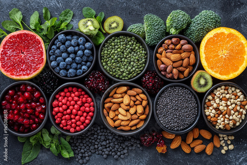 Assortment of healthy foods in bowls, a variety of colors and textures.