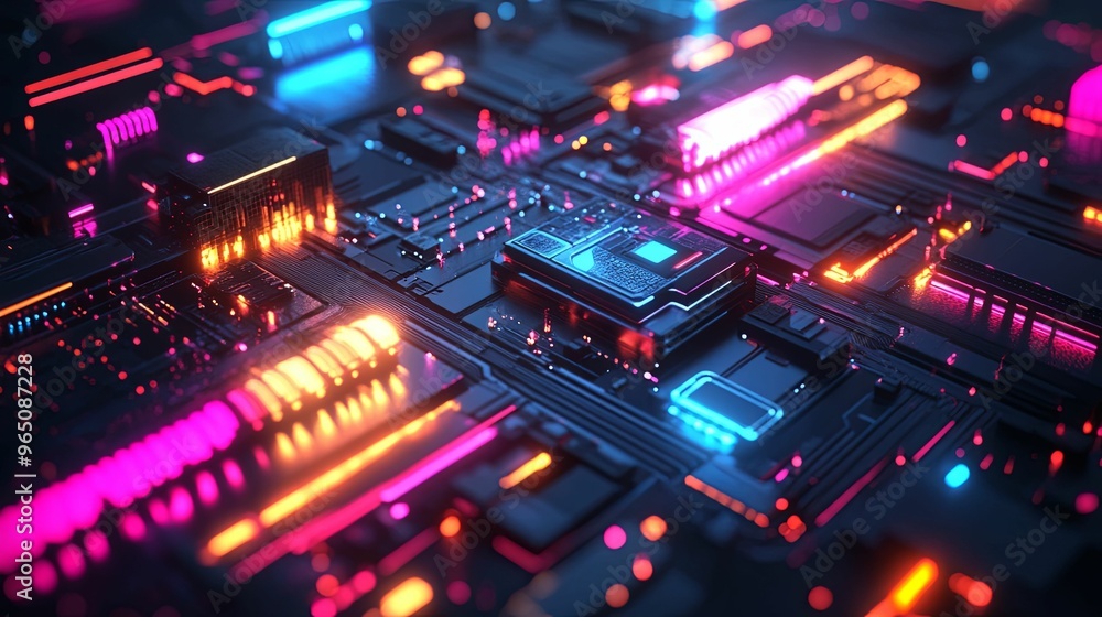 Abstract Futuristic Technology Circuit Board with Neon Lights Abstract Futuristic Technology Circuit Board with Neon Lights