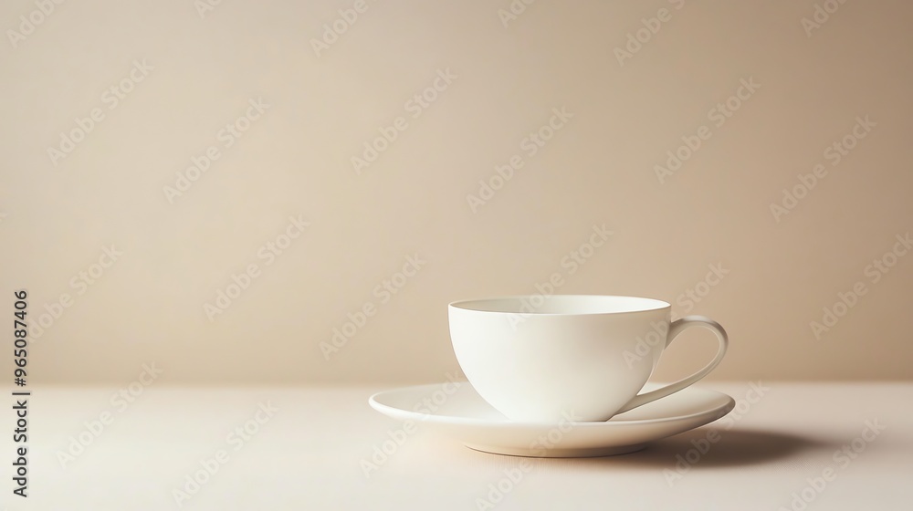 A white teacup and saucer on a beige surface. A white teacup and saucer on a beige surface.