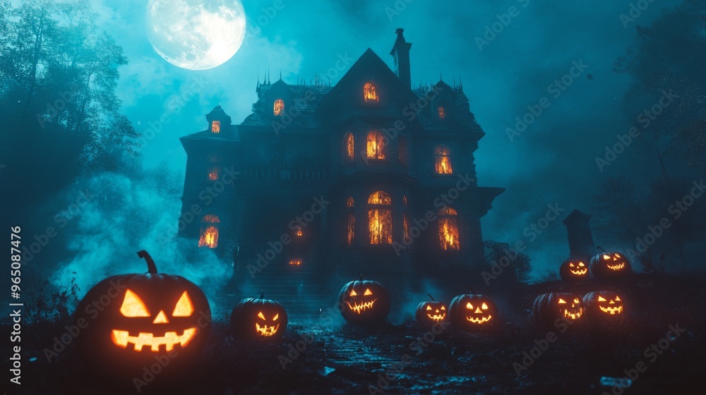 Spooky Haunted Mansion with Glowing Jack-o'-Lanterns Under a Full Moon Spooky Haunted Mansion with Glowing Jack-o'-Lanterns Under a Full Moon