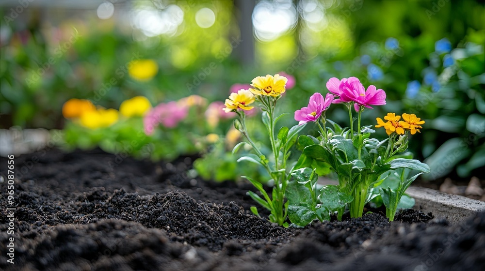 Pink and Yellow Flowers in a Garden Bed Pink and Yellow Flowers in a Garden Bed