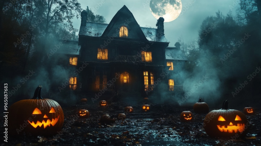 Haunted House with Glowing Jack-o'-Lanterns on a Foggy Halloween Night Haunted House with Glowing Jack-o'-Lanterns on a Foggy Halloween Night