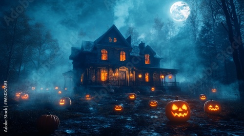 Haunted House in a Foggy Forest with Jack-o'-Lanterns