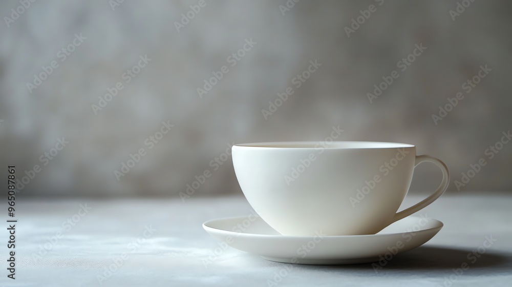 A white teacup sits on a saucer on a table. A white teacup sits on a saucer on a table.