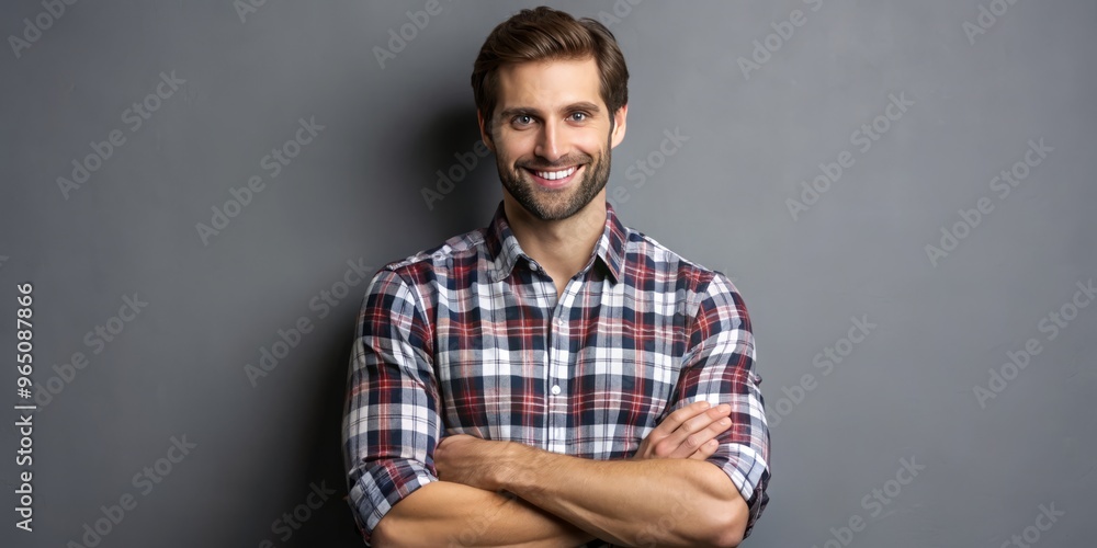 The athletic man wears a bright plaid short-sleeve button-down shirt, his warm smile directed at the camera as The athletic man wears a bright plaid short-sleeve button-down shirt, his warm smile directed at the camera as