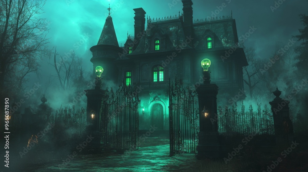 Haunted Mansion with Glowing Skull Lanterns and Iron Gates Haunted Mansion with Glowing Skull Lanterns and Iron Gates