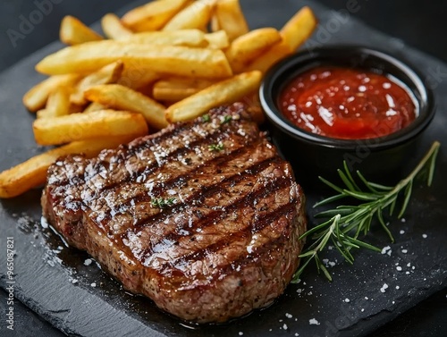 tasty grilled organic beef steak with french fries - ai