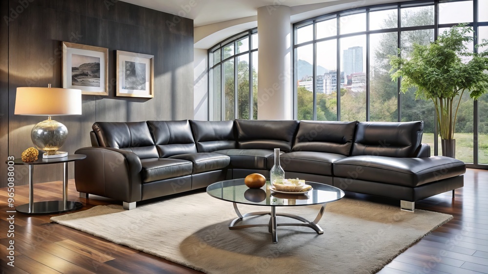 The curved, black leather couch adds an air of sophistication and elegance to a modern Italian-inspired living room. The curved, black leather couch adds an air of sophistication and elegance to a modern Italian-inspired living room.