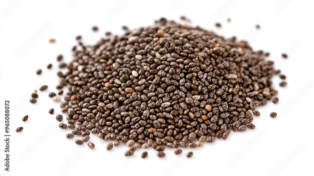 Chia seeds displayed in a close-up pile on a light background, showcasing their tiny, textured appearance Chia seeds displayed in a close-up pile on a light background, showcasing their tiny, textured appearance