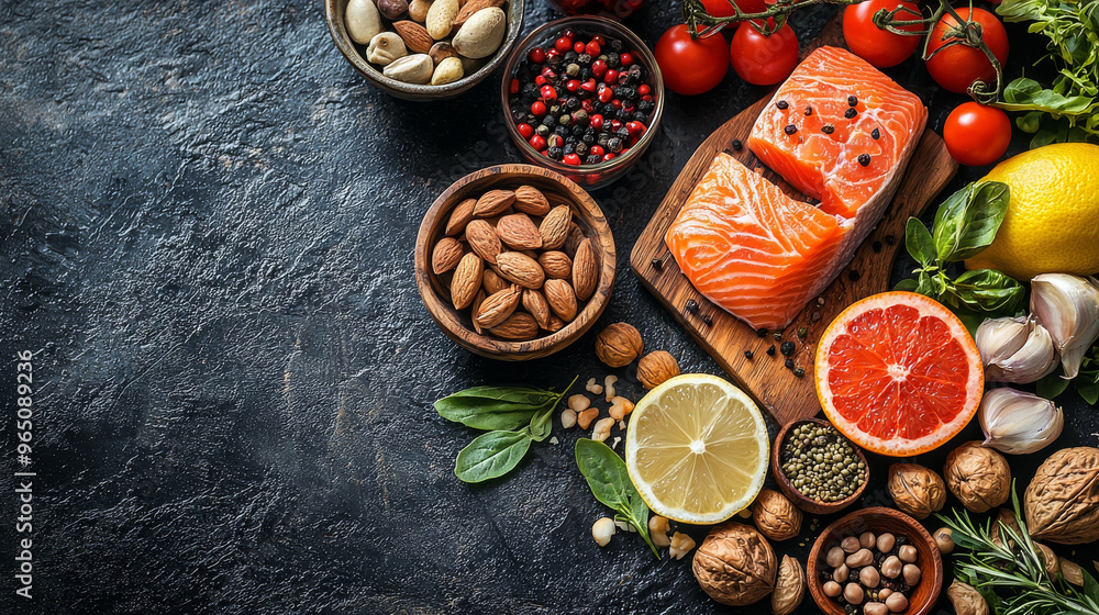 Fresh salmon with nuts, spices, and citrus fruits. Fresh salmon with nuts, spices, and citrus fruits.