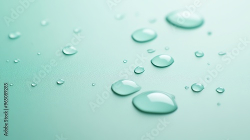 Water drops on a light blue surface.