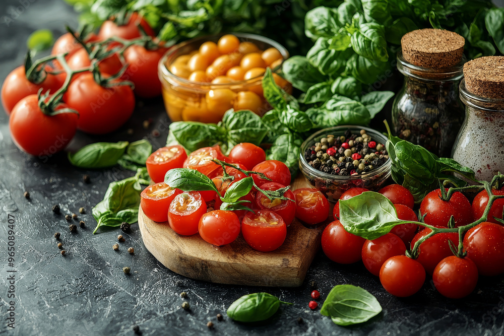 Fresh cherry tomatoes, basil, and peppercorns. Fresh cherry tomatoes, basil, and peppercorns.