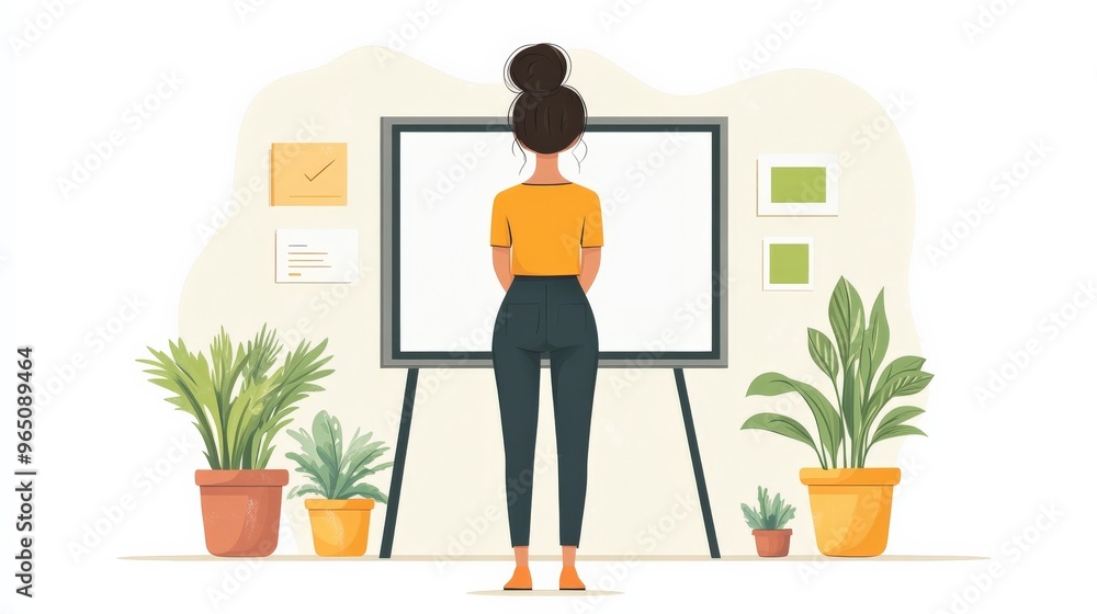 Presenting Ideas: A woman stands confidently before a blank whiteboard, ready to share her vision and inspire her audience. This captures the essence of brainstorming, innovation, and com Presenting Ideas: A woman stands confidently before a blank whiteboard, ready to share her vision and inspire her audience. This captures the essence of brainstorming, innovation, and com