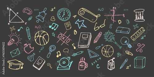 Doodle Icons Set School Supplies for Kids. Modern Collection Education Elements. Vector Illustration Hand Drawn icons, Book, Clock, Cube, Bulb, Basketball, Book, pen, notes, Brush, Magnifying glass.