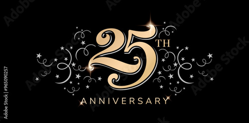 25th anniversary logo with golden color and silver stars confetti isolated black backgrounds for greeting cards, invitations, Wedding anniversary , banner and celebration company or business corporate