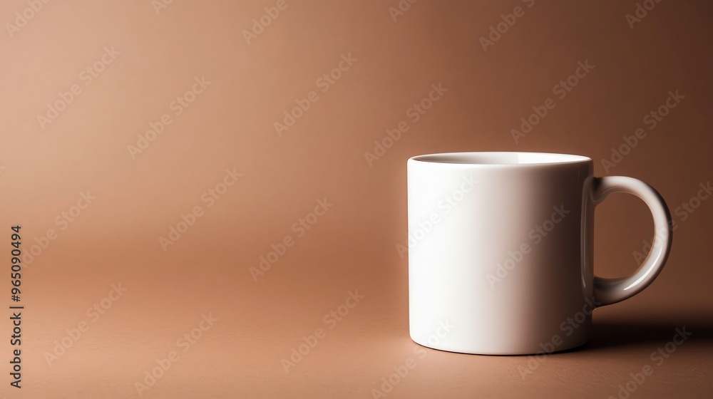 A white coffee mug on a brown surface. A white coffee mug on a brown surface.