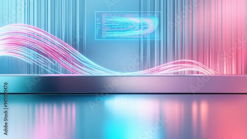 Abstract design with vibrant waves and glowing effects  creating a futuristic landscape with dynamic colors and reflections.