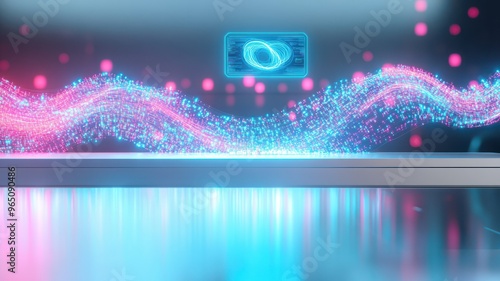 Abstract digital currency concept with colorful glowing waves and dollar note  symbolizing finance technology and economy innovation.