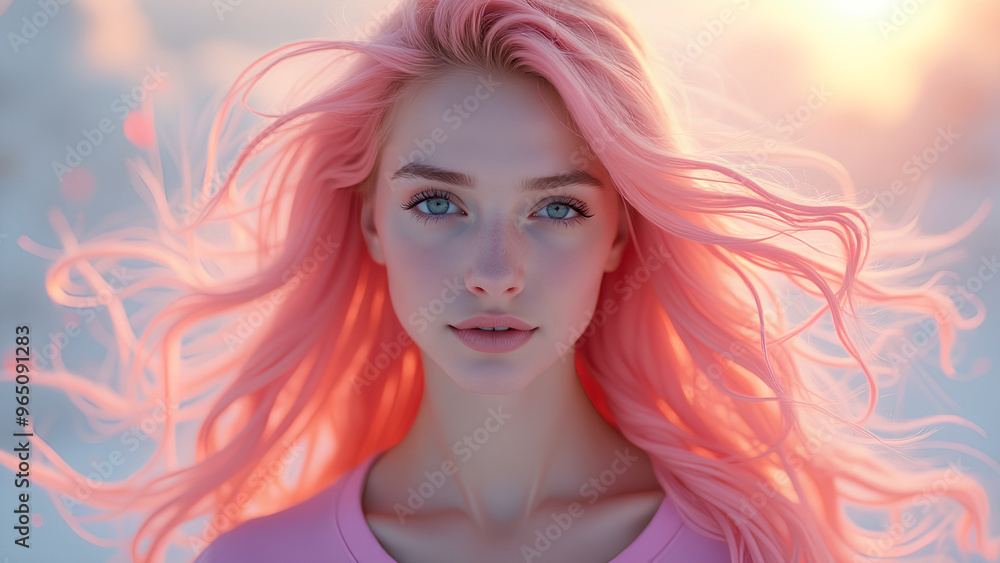 In a mesmerizing whirl of vibrant colors an immaculate exquisite digital picture of photo-realistic Scandinavian woman stands in stark contrast against a soft pastel background In a mesmerizing whirl of vibrant colors an immaculate exquisite digital picture of photo-realistic Scandinavian woman stands in stark contrast against a soft pastel background