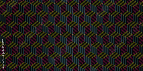Japanese traditional pattern, cubic block pattern with trend retro line style and neon colors