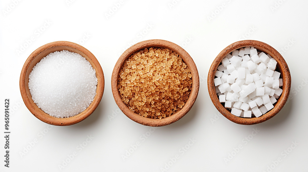 Three bowls of sugar on a white surface, including white sugar, brown sugar, and sugar cubes Three bowls of sugar on a white surface, including white sugar, brown sugar, and sugar cubes