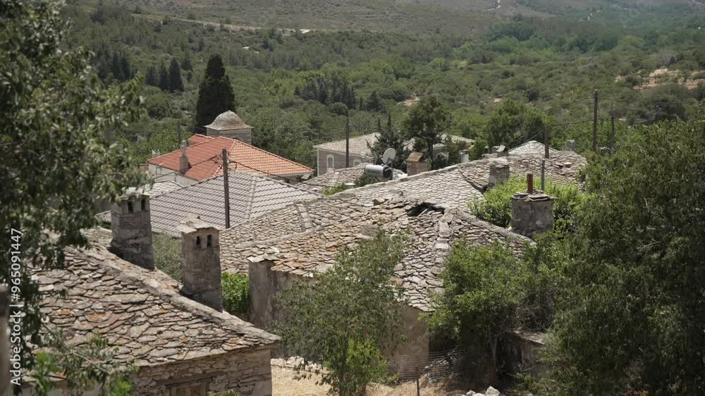 View of houses and rooftops of Theologos from elevated position, Theologos, Thassos, Aegean Sea, Greek Islands, Greece, Europe View of houses and rooftops of Theologos from elevated position, Theologos, Thassos, Aegean Sea, Greek Islands, Greece, Europe