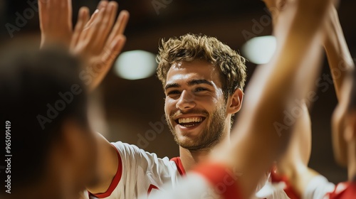 A basketball player smiles and gives a high-five to a teammate.