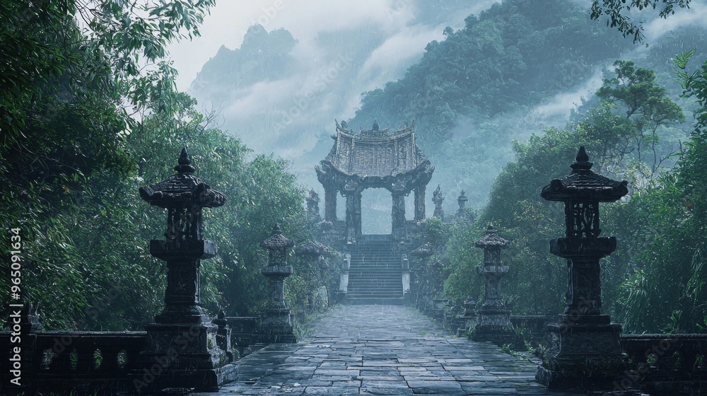 Ancient Misty Temple Nestled in Lush Forest Landscape with Ornate Architecture Ancient Misty Temple Nestled in Lush Forest Landscape with Ornate Architecture