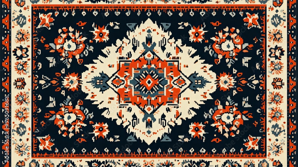 Intricate Floral Pattern on a Blue and Orange Rug Intricate Floral Pattern on a Blue and Orange Rug