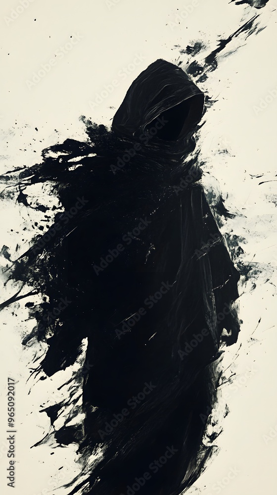 Abstract Black Figure in a Hooded Robe with White Splashes Abstract Black Figure in a Hooded Robe with White Splashes