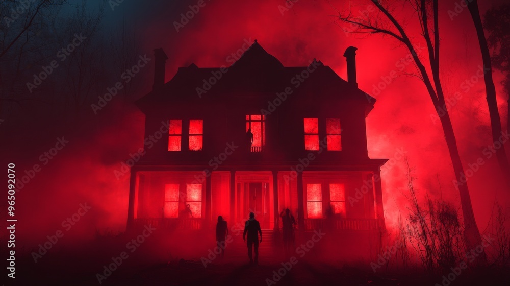 Silhouetted Figures Approach a Mysterious Red-Lit House Silhouetted Figures Approach a Mysterious Red-Lit House