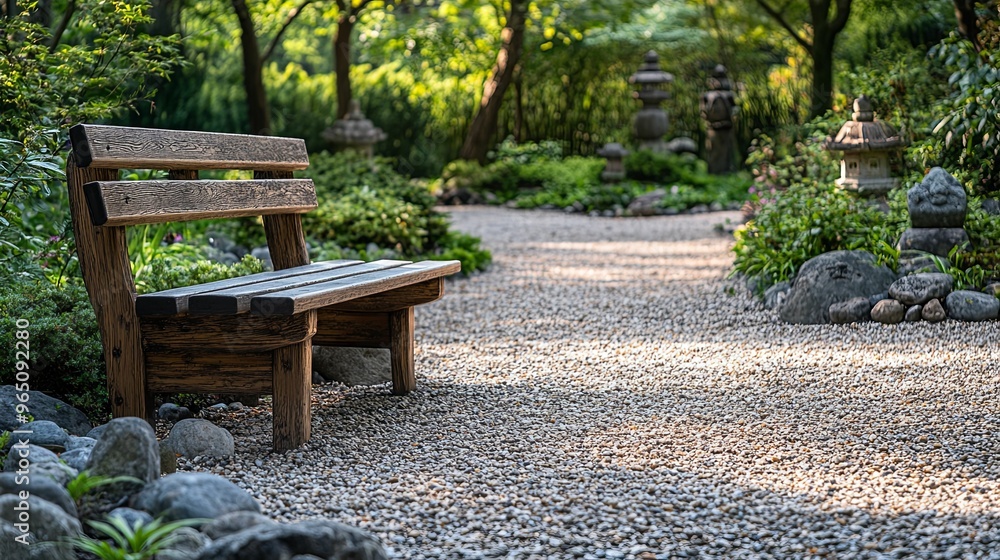 Wooden Bench in a Tranquil Garden Path with Stone Lanterns Wooden Bench in a Tranquil Garden Path with Stone Lanterns