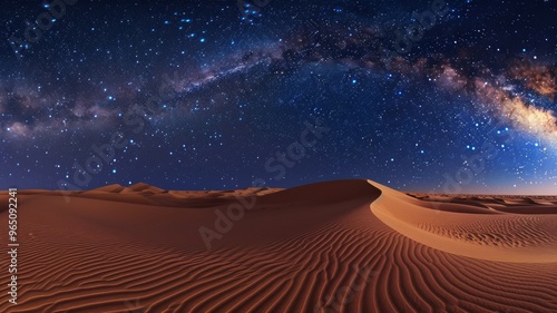 A desert landscape with a large, dark sky filled with stars and a large