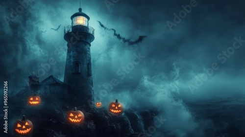 A spooky lighthouse with glowing jack-o'-lanterns on a foggy Halloween night.