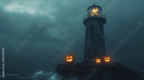 A Lighthouse and Jack-O'-Lanterns on a Foggy Coast