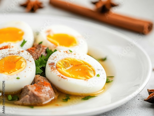 Delicious boiled eggs served with flavorful broth and spices on a vibrant plate. Perfect for a warm meal or gourmet dish.