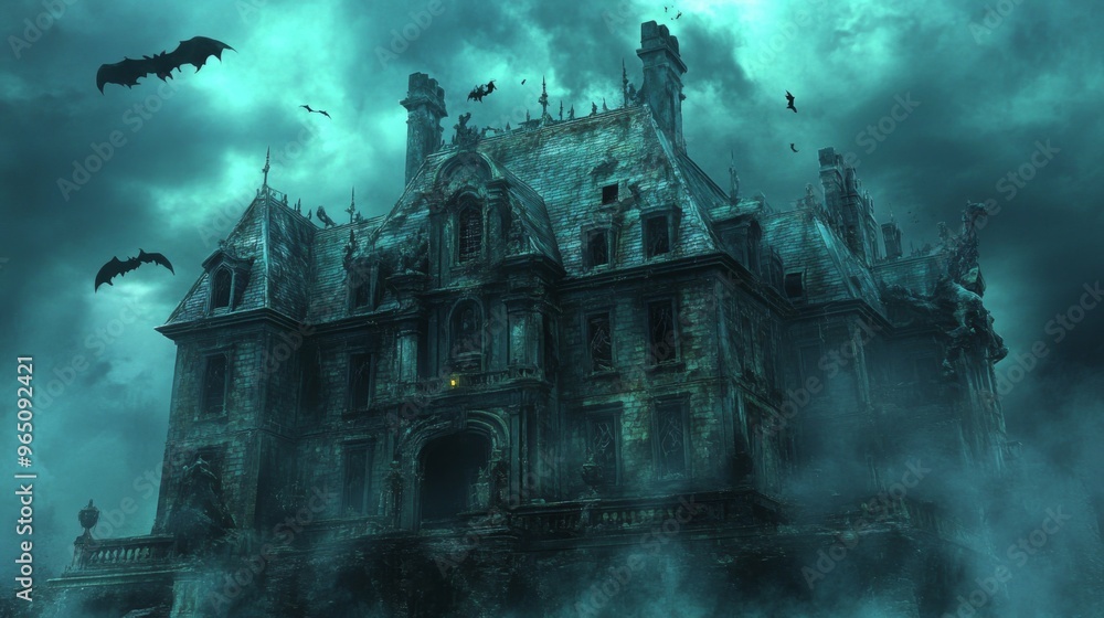 A Creepy, Foggy, Abandoned Mansion With Bats Flying Around A Creepy, Foggy, Abandoned Mansion With Bats Flying Around