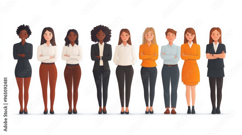 A Row of Confident Women: A diverse group of businesswomen stands confidently in a row, arms crossed, showcasing strength, unity, and professionalism. Their diverse backgrounds and styles. A Row of Confident Women: A diverse group of businesswomen stands confidently in a row, arms crossed, showcasing strength, unity, and professionalism. Their diverse backgrounds and styles.