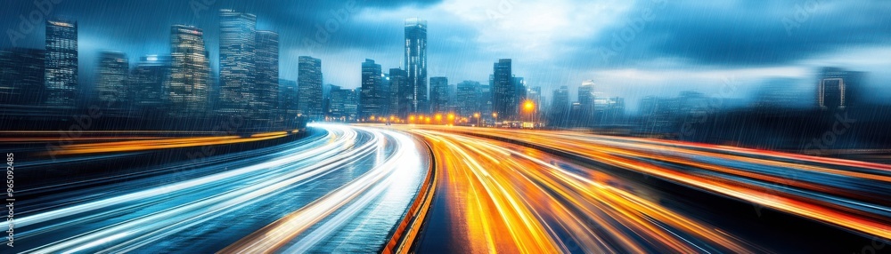 Dynamic cityscape at dusk, showcasing illuminated traffic trails and modern buildings against a vibrant sky. Dynamic cityscape at dusk, showcasing illuminated traffic trails and modern buildings against a vibrant sky.