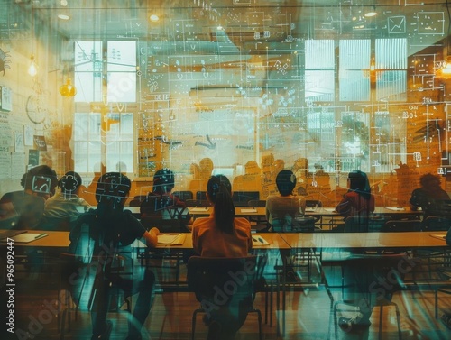 A group of individuals attentively participating in a seminar, surrounded by a dynamic and modern learning environment.