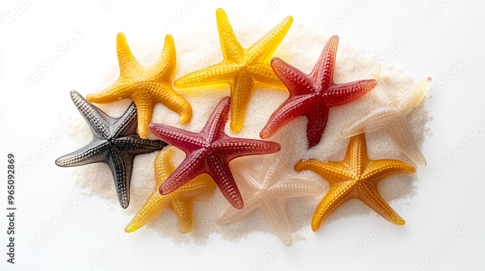 Colorful starfish arranged on a sandy surface showcasing diverse marine life in a vibrant underwater ecosystem