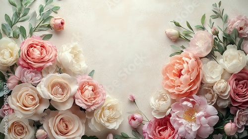 Pink and White Roses and Peonies with Greenery on a Light Background