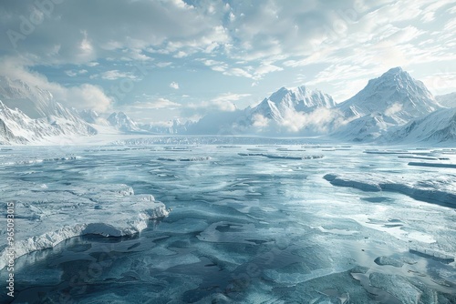 A stunning icy landscape featuring frozen water, majestic mountains, and a serene sky, embodying the beauty of nature's winter wonderland.