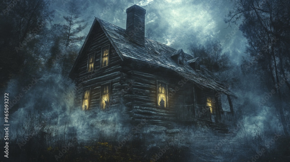 Fototapeta premium A Haunting Cabin in a Foggy, Dark Forest
