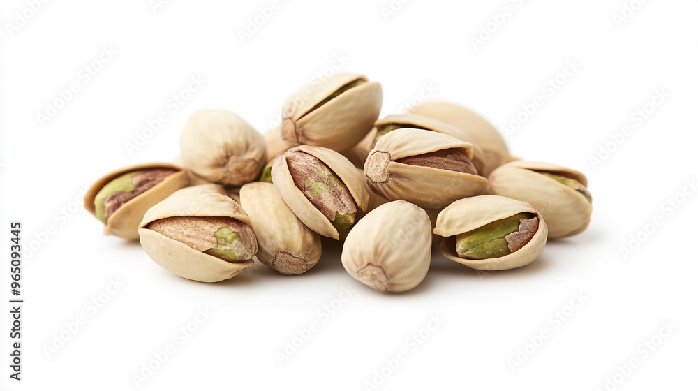 Pistachio nuts scattered on a white background, showcasing their unique shells and vibrant green insides, perfect for snacking or cooking Pistachio nuts scattered on a white background, showcasing their unique shells and vibrant green insides, perfect for snacking or cooking