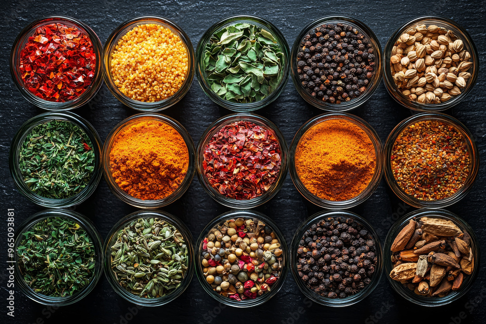 An assortment of spices in glass jars on a black surface. An assortment of spices in glass jars on a black surface.