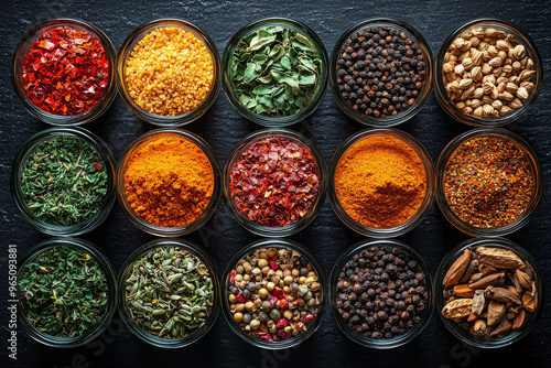 An assortment of spices in glass jars on a black surface.