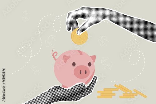 Trendy halftone collage.Concept of business, finance, savings, banking, sales. Illustration for web banner, social media banner, business presentation. Vector illustration