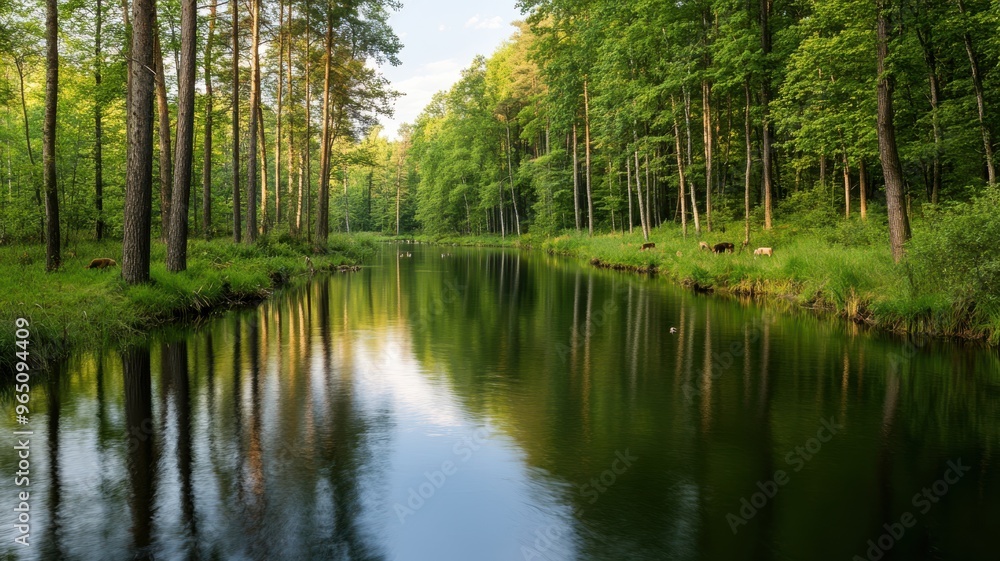 Serene river reflecting lush greenery, surrounded by tall trees under soft sunlight, ideal for nature lovers and peaceful retreats. Serene river reflecting lush greenery, surrounded by tall trees under soft sunlight, ideal for nature lovers and peaceful retreats.