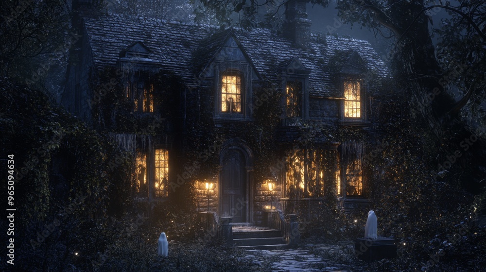 Haunted Stone House with Glowing Windows and Ghosts at Night Haunted Stone House with Glowing Windows and Ghosts at Night
